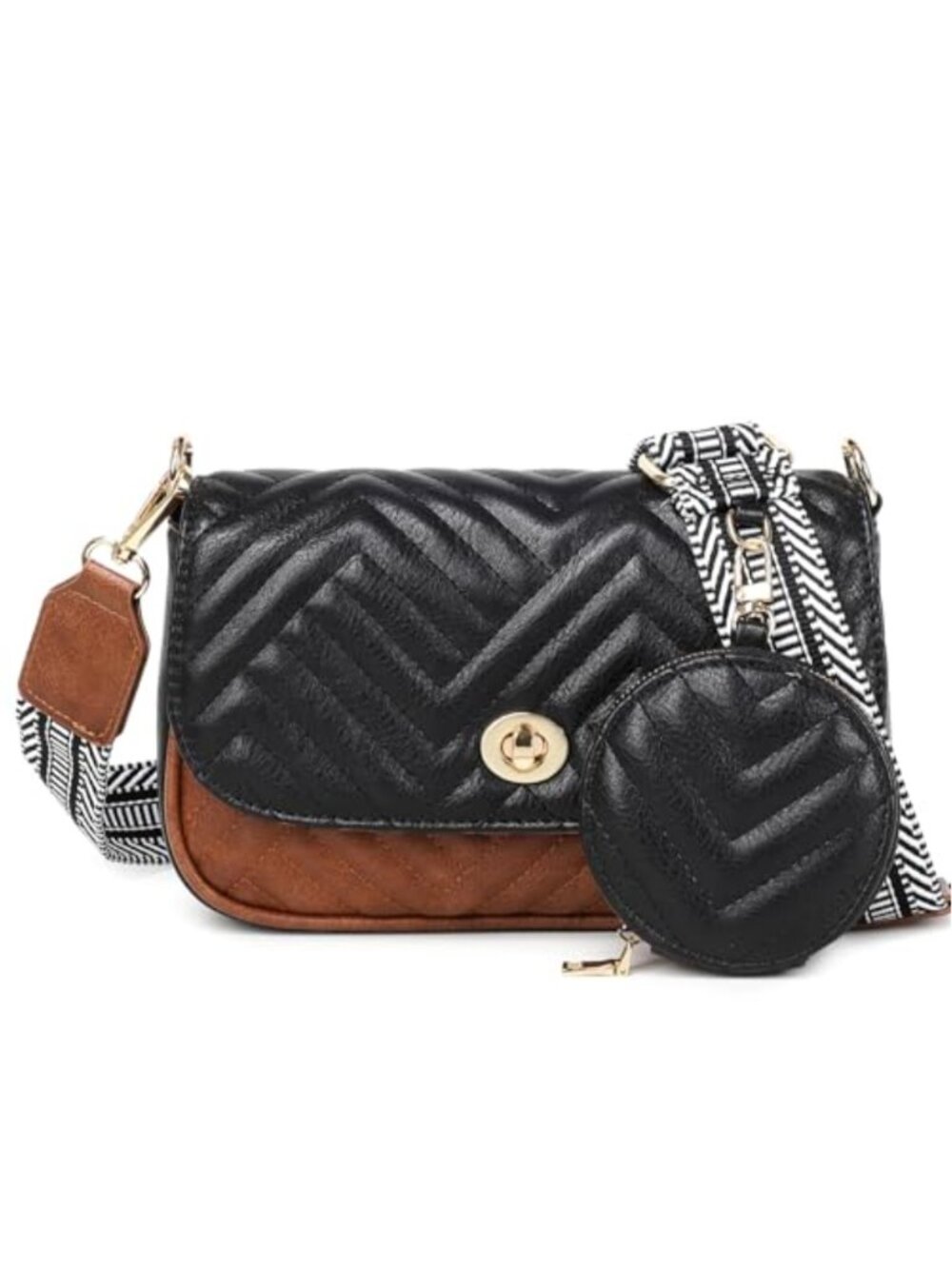 Quilted Vegan Leather Crossbody Bag with Detachable Coin Purse & Guitar Strap
